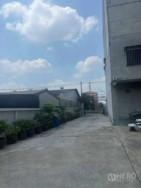 Warehouse for rent in Lam Luk Ka, Pathum Thani - Side driveway along the warehouse with potted plants and a boundary wall under a blue sky in Lam Luk Ka.