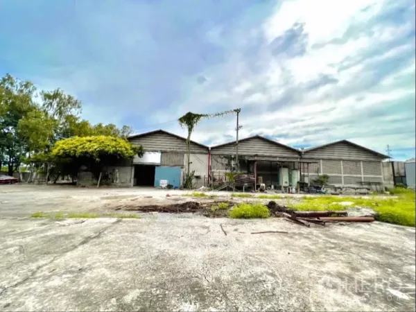 工厂 出租在Sai Noi, Nonthaburi - 工厂正立面与开阔装卸场地，周边有绿化。