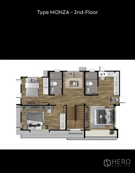 บ้าน ขายในPrawet, Bangkok - แบบแปลนชั้น 2 แสดงห้องนอน ห้องน้ำ และโถงกลาง