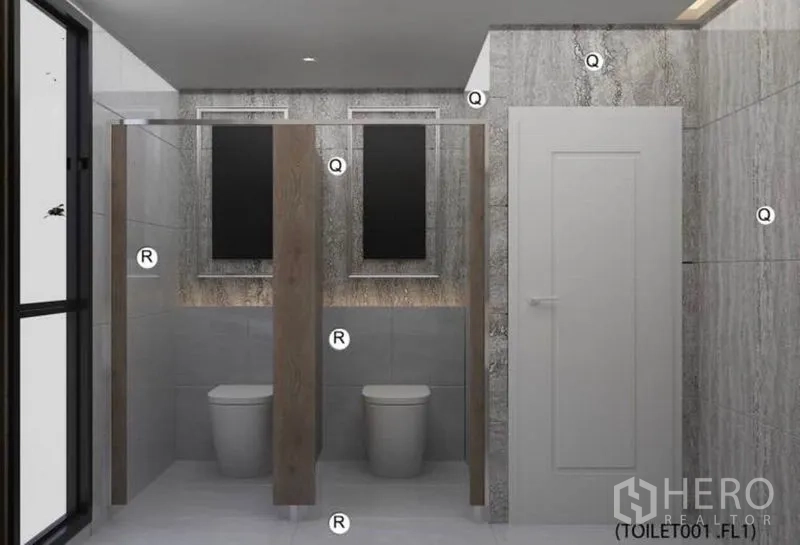 สำนักงาน ให้เช่าในLat Krabang, Bangkok - คูหาห้องน้ำสองห้อง แบ่งด้วยแผงไม้ กระเบื้องสีเทา และช่องแสงฝ้า