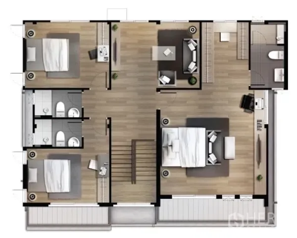 Detached House for rent or sale in Bang Na, Bangkok - Second-floor plan showing three bedrooms, bathrooms and a family lounge.