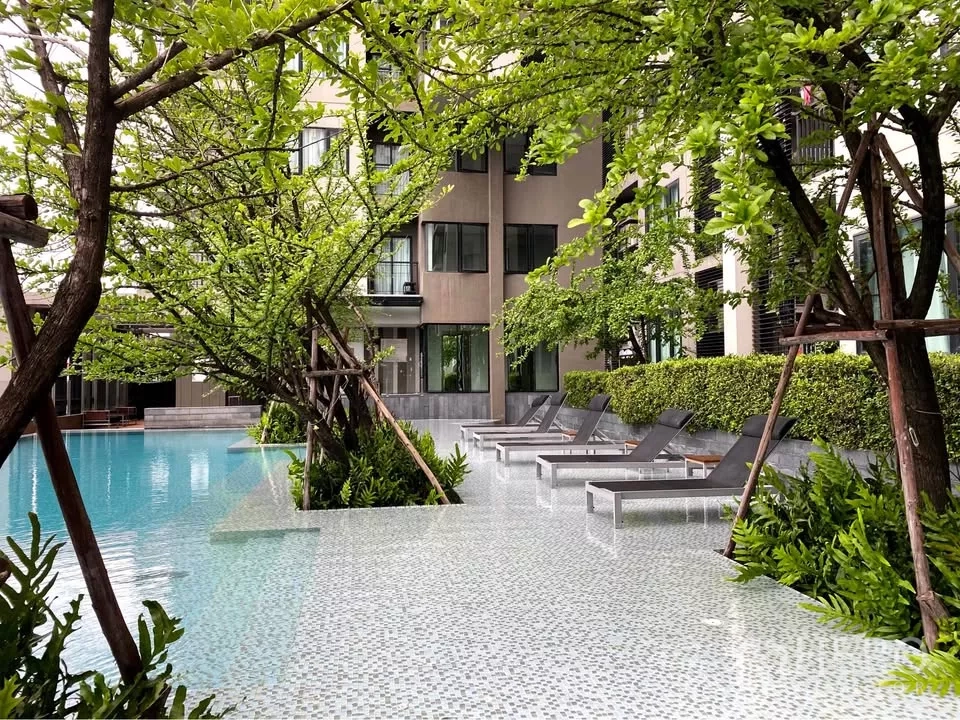 Condominium for rent in Watthana, Bangkok - Sun deck by resort-style pool with loungers shaded by trees.
