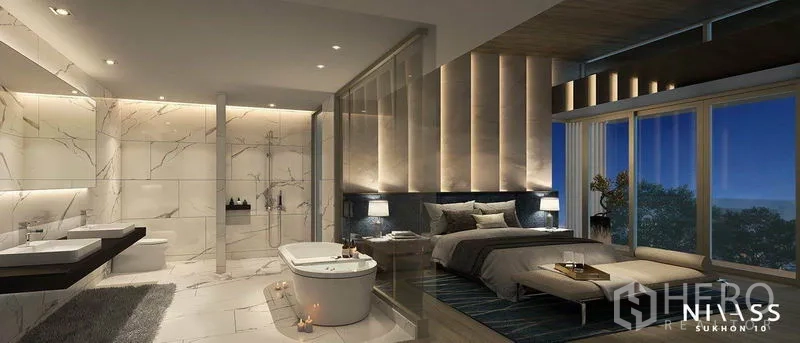 独立式住宅 出售在Lat Phrao, Bangkok - 豪华主卧套房，带大理石卫浴、双台盆与独立浴缸。