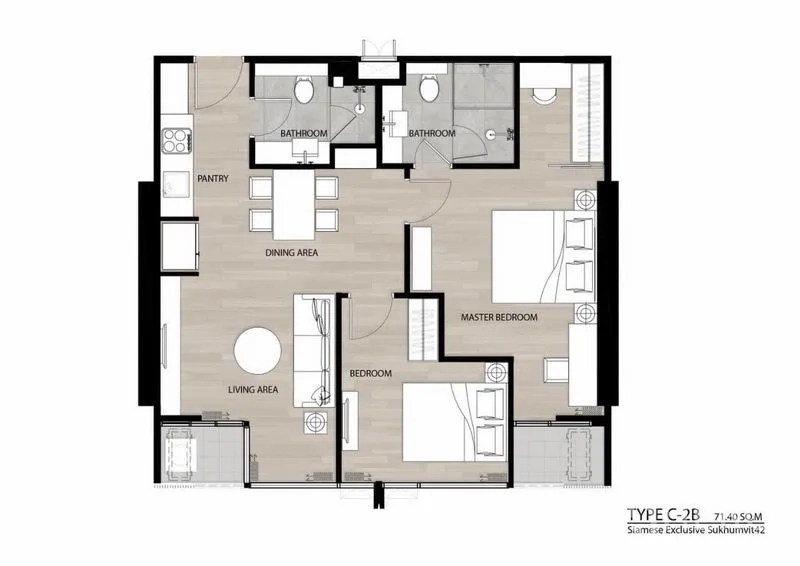 Condominium for sale in Khlong Toei, Bangkok - Floor plan of a 2-bedroom, 2-bathroom condominium layout measuring about 70 sq.m.