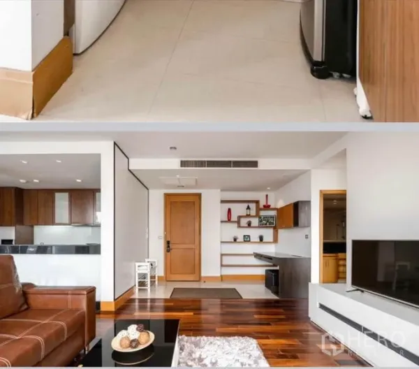 公寓 出租在Sathon, Bangkok - 入口与起居空间，电视柜、内置搁架与温润实木地板。