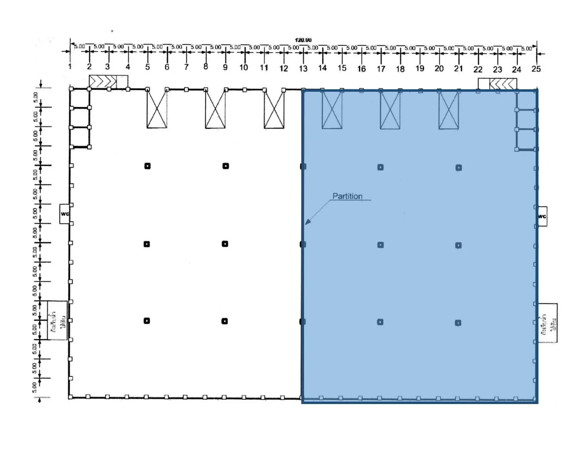 货栈 出租在Phra Nakhon Si Ayutthaya - 平面图，突出显示可租赁的仓库区域。