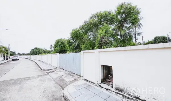 ที่ดิน ขายในBang Bon, Bangkok - มุมมองถนน แสดงกำแพงรั้วสีขาวมีต้นไม้ใหญ่ด้านใน ริมถนนคอนกรีตเงียบสงบ