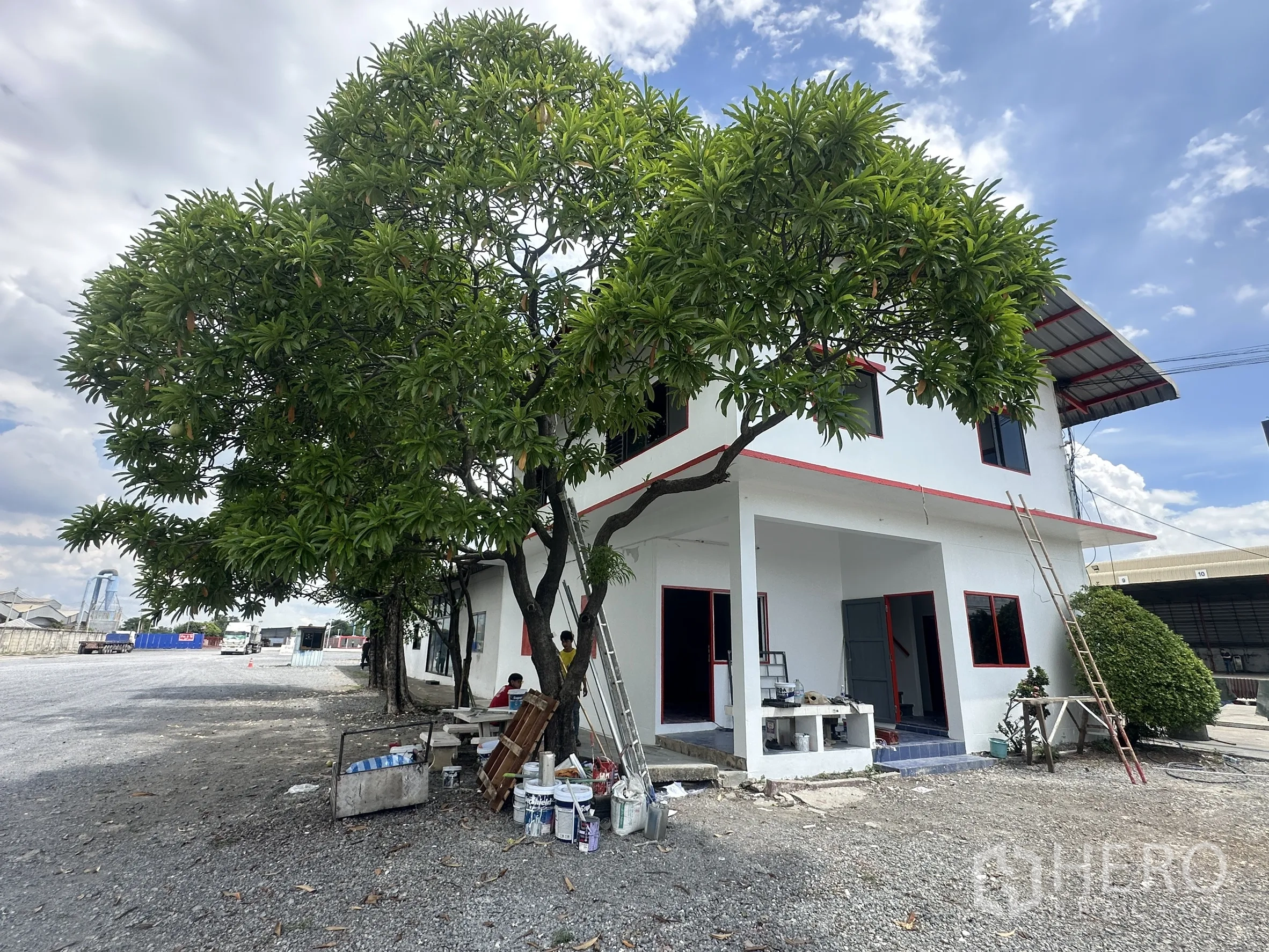 Land for rent in Wang Noi, Phra Nakhon Si Ayutthaya - Two-storey office building with a shaded porch area and a mature tree nearby.