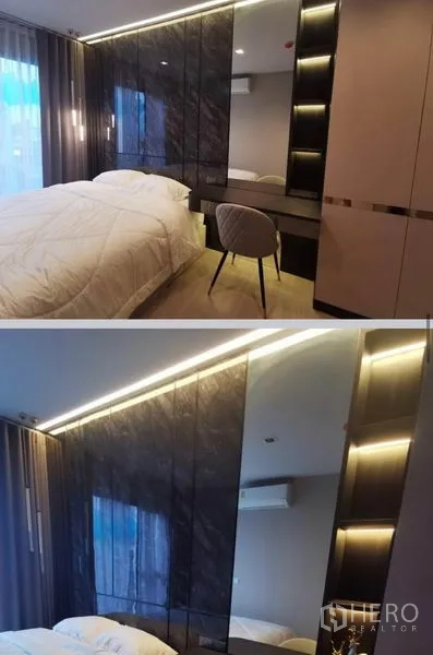 Condominium for rent in Huai Khwang, Bangkok - Close-up of illuminated headboard and glossy wardrobe panels in the master bedroom