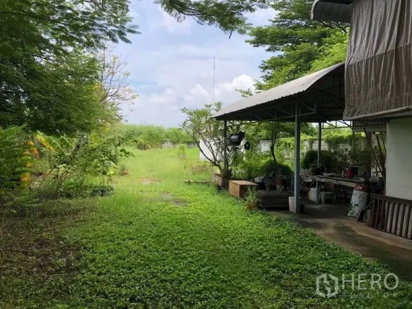 Warehouse for rent in Bang Bua Thong, Nonthaburi - Green side yard with lawn, mature trees and a covered patio beside the warehouse.