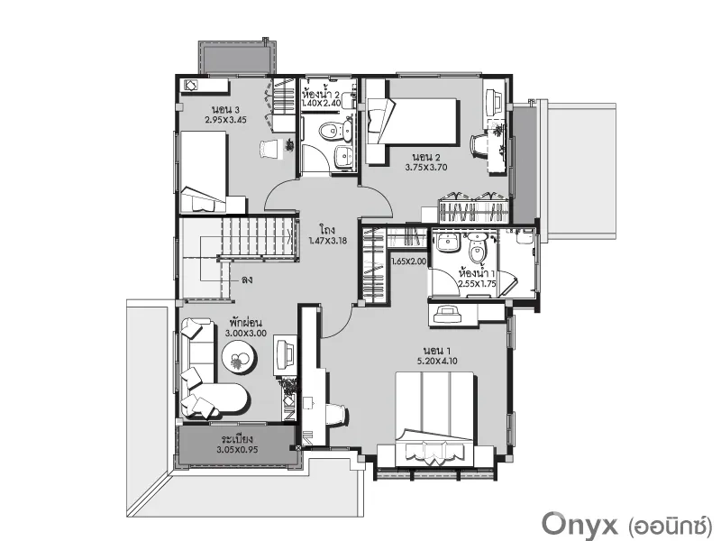 Detached House for rent in Bang Kapi, Bangkok - Upper-floor plan showing three bedrooms, bathrooms and family area.