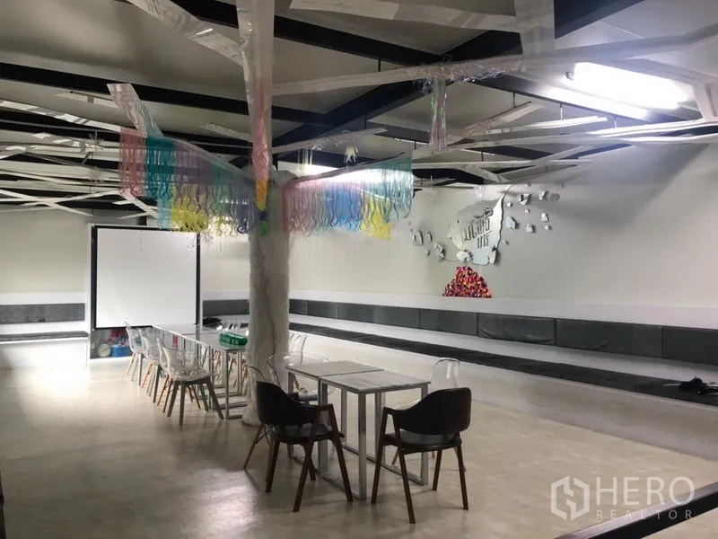 พื้นที่ขายปลีก ให้เช่าในKhlong Toei, Bangkok - ห้องเอนกประสงค์ขนาดใหญ่ มีจอโปรเจคเตอร์ โต๊ะ และม้านั่งยาว