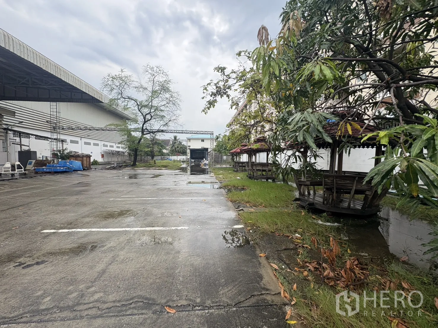 โรงงาน ให้เช่าในKhlong Toei, Bangkok - ถนนคอนกรีตและที่จอดรถ มีต้นไม้และศาลาพักผ่อน