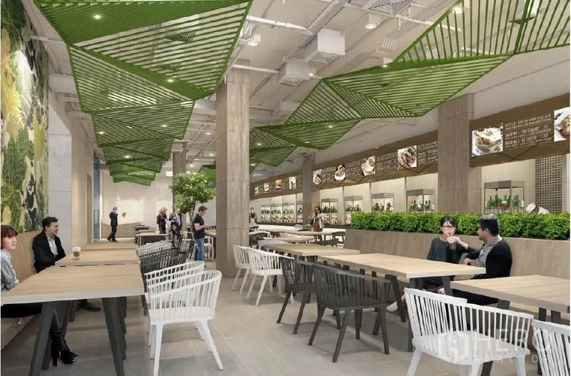 สำนักงาน ให้เช่าในRatchathewi, Bangkok - ฟู้ดคอร์ทร่วมสมัย โต๊ะยาว ที่นั่งมากมาย ตกแต่งต้นไม้และระแนงสีเขียวบนเพดาน