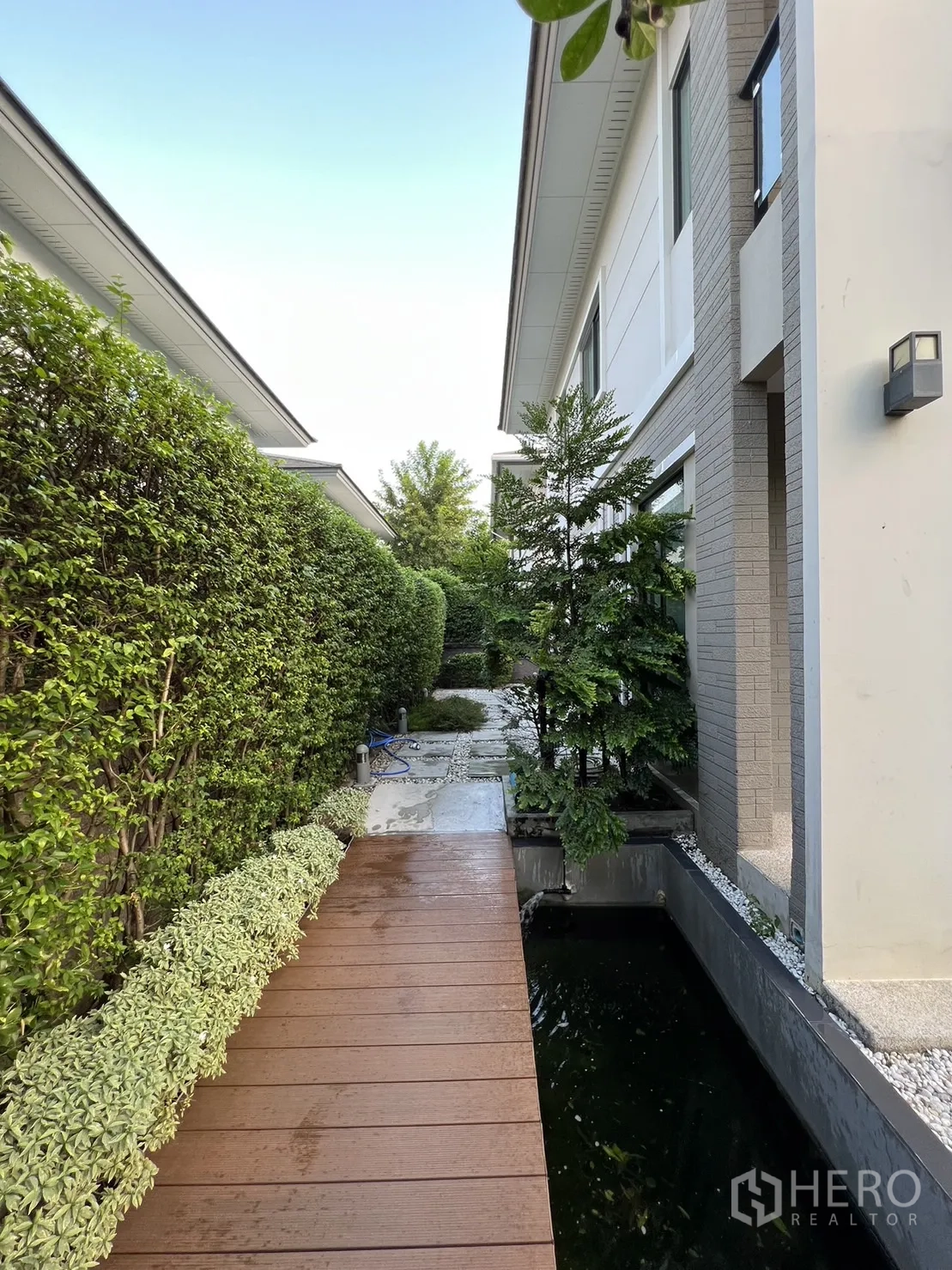 Detached House for rent in Suan Luang, Bangkok - Narrow side walkway with wooden bridge beside koi pond and trimmed hedges.