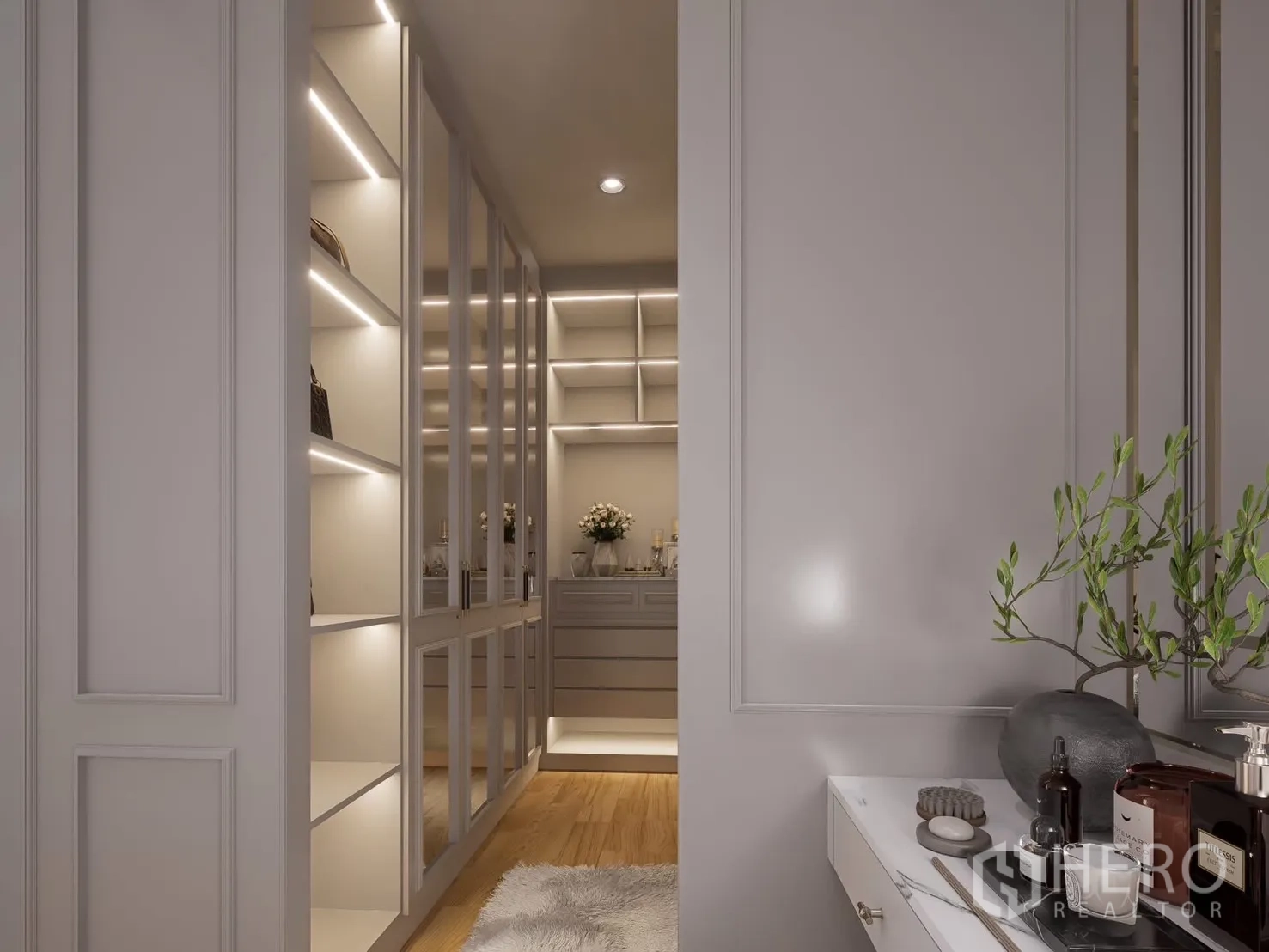 独立式住宅 出租在Bang Phli, Samut Prakan - 豪华步入式衣帽间，玻璃柜与LED灯带。