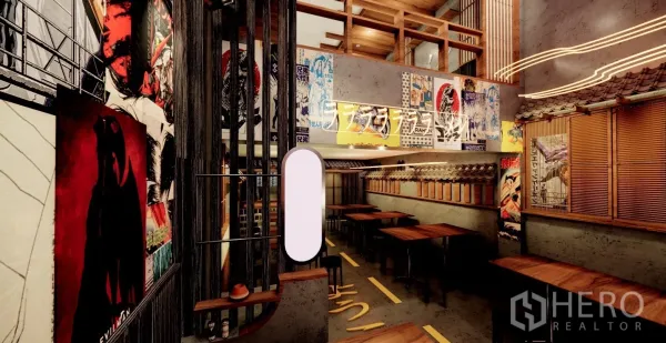 店屋 出租在Watthana, Bangkok - 挑高空间概念图，带夹层、海报与木梁天花。