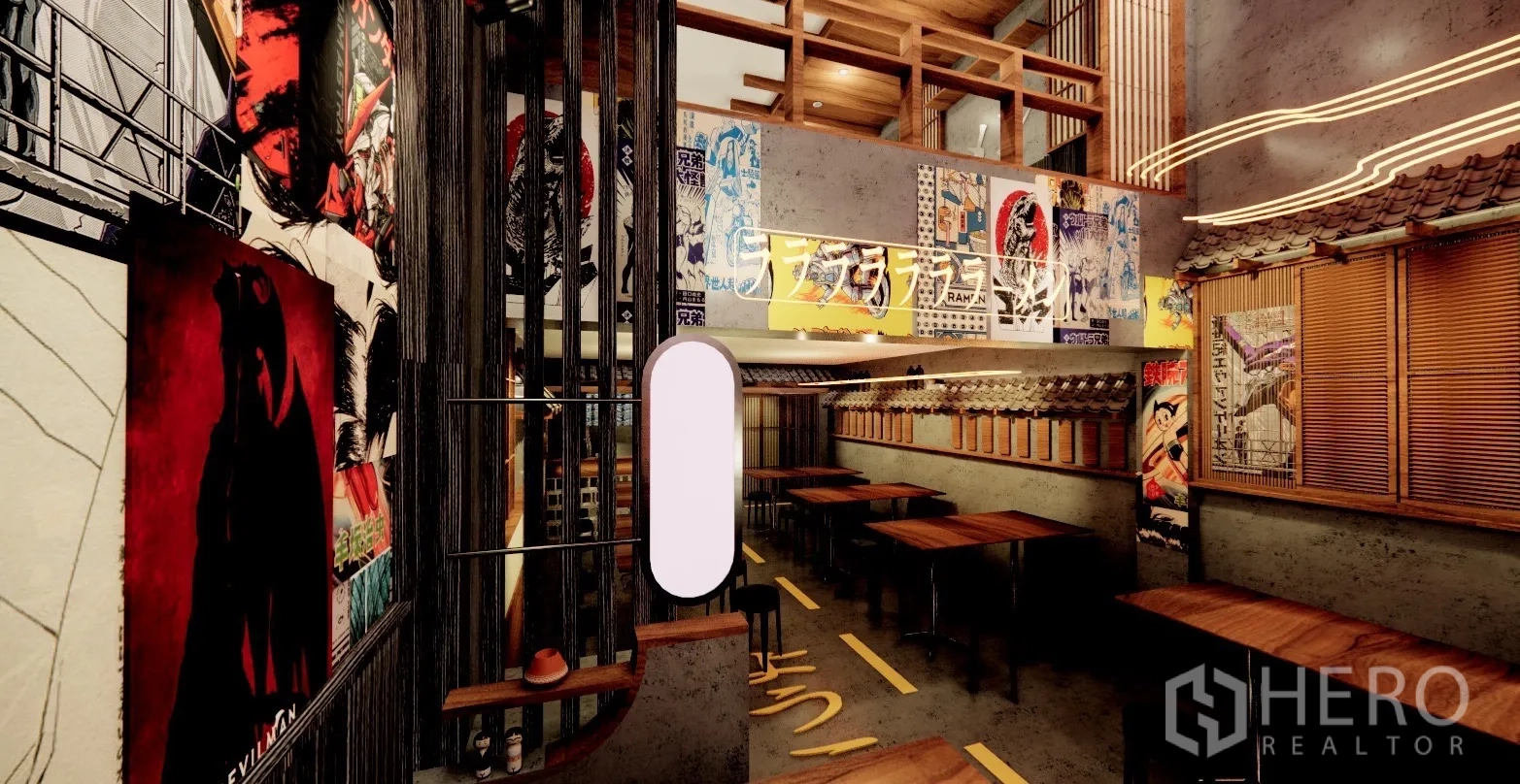 店屋 出租在Watthana, Bangkok - 挑高空间概念图，带夹层、海报与木梁天花。