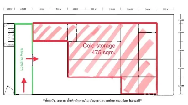 货栈 出租在Bueng Kum, Bangkok - 仓库平面图，标注475㎡冷库与独立装卸区。
