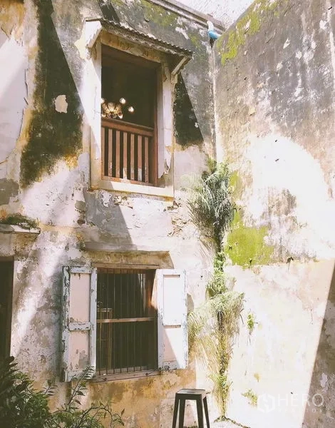 Shophouse for rent in Bang Rak, Bangkok - Sunlit inner courtyard with weathered stucco walls, shuttered windows, and greenery.