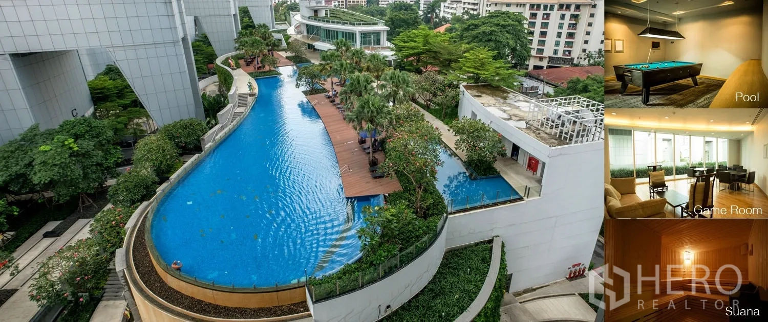 คอนโด ให้เช่าในKhlong Toei, Bangkok - สิ่งอำนวยความสะดวกของคอนโดมีสระว่ายน้ำสไตล์รีสอร์ท เลานจ์ ห้องเกม และซาวน่า.