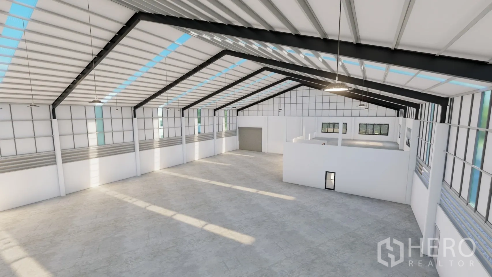 Factory for rent or sale in Lam Luk Ka, Pathum Thani - Interior production hall with high gable roof, steel trusses, skylights, and polished concrete floor.