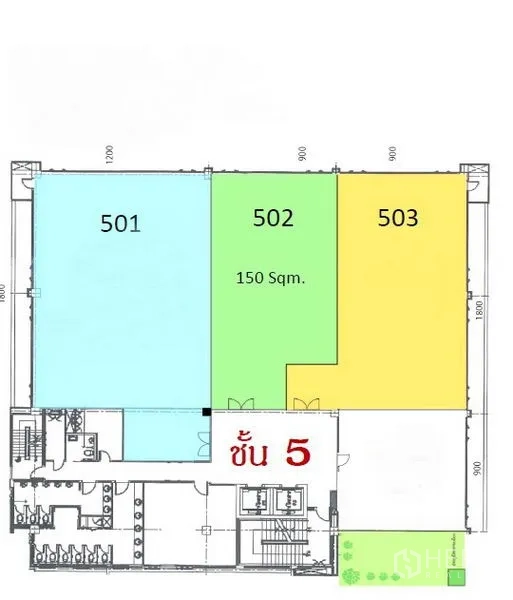 Office Space for rent in Bangkok - 5th-floor plan highlighting a 150 sqm office unit (Room 502) with lift core and restrooms.