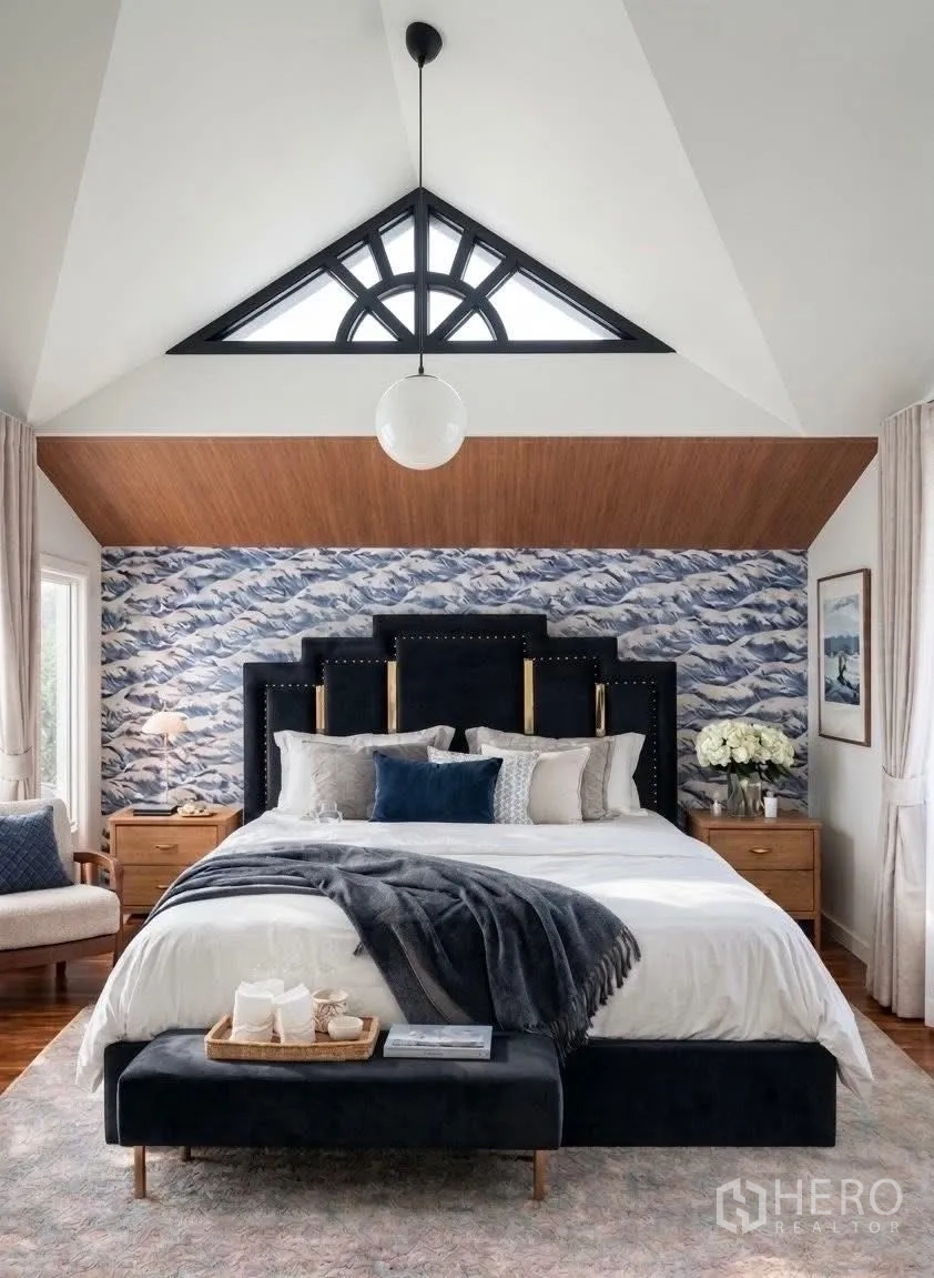 บ้านเดี่ยว for rent in Suan Luang, Bangkok - ห้องนอนสไตล์หรู เพดานจั่วสูง ผนังลายกราฟิก และเตียงบุนวม