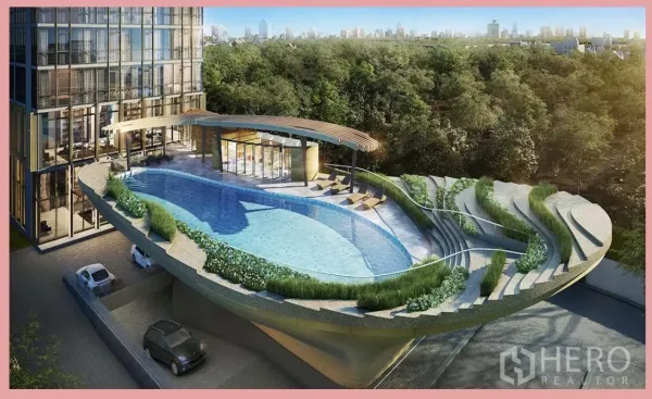 公寓 出售在Watthana, Bangkok - 俯瞰度假式高架泳池，曲线层叠绿化环绕塔楼。