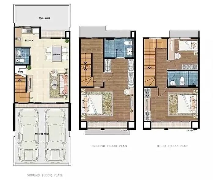 ทาวน์เฮาส์ ขายในSuan Luang, Bangkok - ผังพื้น 3 ชั้นของทาวน์เฮ้าส์ แสดงที่จอดรถ พื้นที่นั่งเล่น และ 3 ห้องนอน