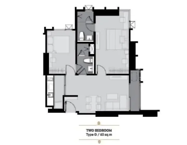 Condominium for rent in Pathum Wan, Bangkok - 63 sqm two-bedroom condo floor plan with separate kitchen and two bathrooms.