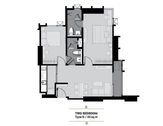 Condominium for rent in Pathum Wan, Bangkok - 63 sqm two-bedroom condo floor plan with separate kitchen and two bathrooms.