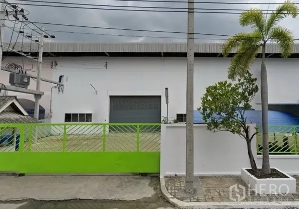 คลังสินค้า ให้เช่าในBang Sao Thong, Samut Prakan - ประตูทางเข้าโกดังพร้อมรั้วเลื่อนสีเขียว ต้นปาล์ม และประตูม้วนขนาดใหญ่