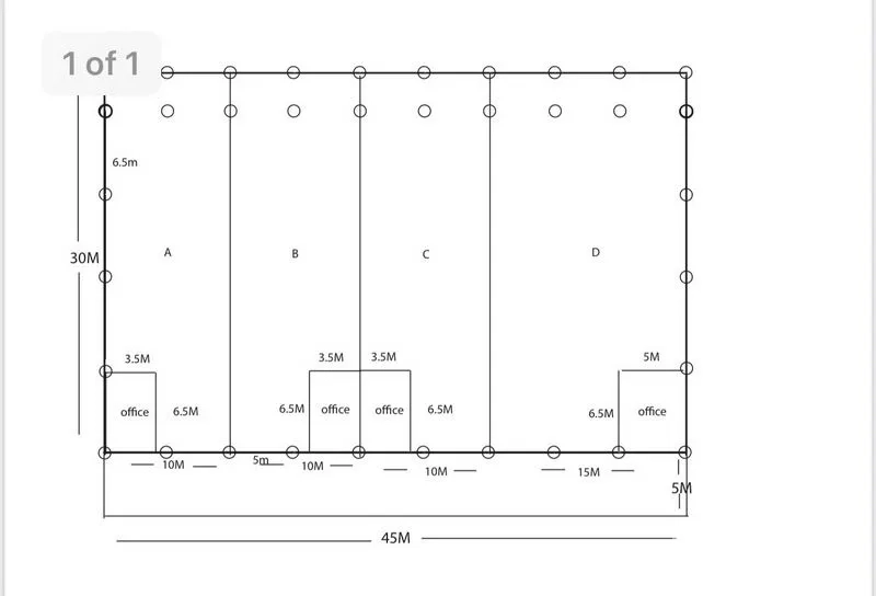 โรงงาน ให้เช่าในKhlong Luang, Pathum Thani - ผังอาคารโรงงาน แสดงโซนการใช้งาน สำนักงาน และระยะขนาดโดยละเอียด