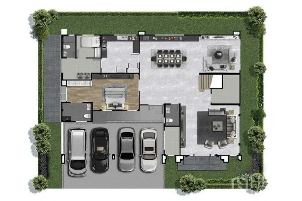 Detached House for sale in Bang Phli, Samut Prakan - Ground-floor plan showing open kitchen, dining and living areas, ensuite bedroom, four-car parking and surrounding garden.