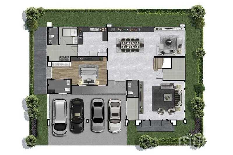 Detached House for sale in Bang Phli, Samut Prakan - Ground-floor plan showing open kitchen, dining and living areas, ensuite bedroom, four-car parking and surrounding garden.