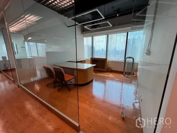 Office Space for rent in Khlong Toei, Bangkok - Private office behind a glass partition with desk, chairs and floor-to-ceiling windows.