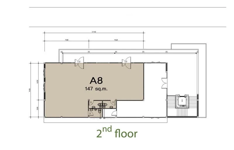零售空间 出租在Khlong Toei, Bangkok - 二楼A8零售户型图，面积147平方米，含卫生间、入口与阳台。