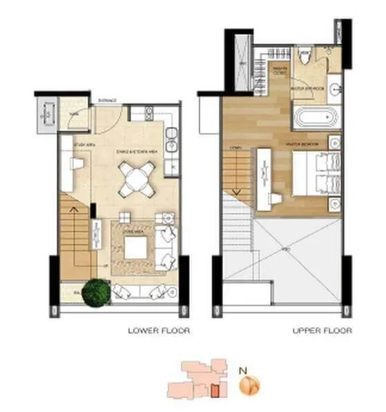 公寓 出租或出售在Khlong Toei, Bangkok - 复式户型平面图，底层起居区与上层卧室，含两间卫浴。