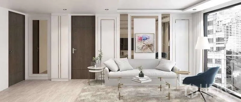 คอนโด ขาย - ภาพเรนเดอร์ห้องนั่งเล่นพร้อมโซฟา โต๊ะกลาง และหน้าต่างสูงเต็มผนัง