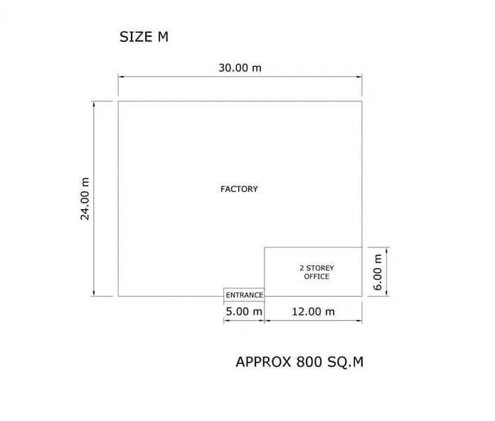工厂 出租在Pathum Thani - 平面图示意800㎡布局，含仓库与两层办公室。