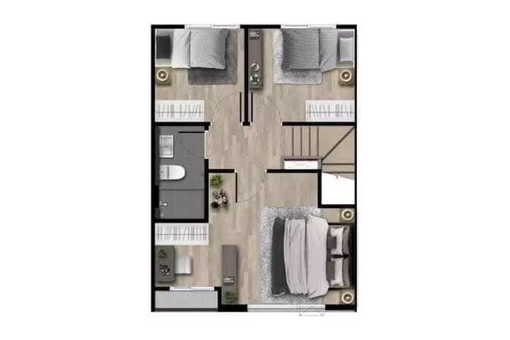 Townhouse for rent in Bang Phli, Samut Prakan - Second-floor plan showing three bedrooms and one shared bathroom.