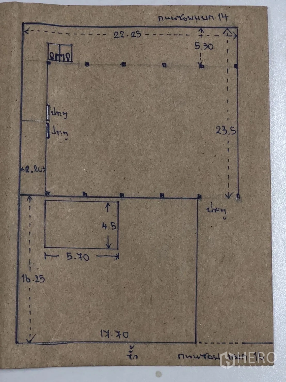 Warehouse for rent in Min Buri, Bangkok - Hand-drawn floor plan showing warehouse layout, dimensions and restroom area.