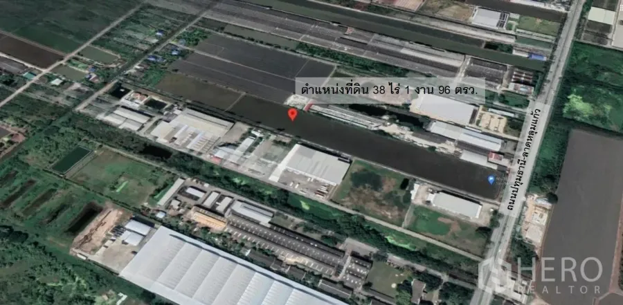 Land for sale in Lat Lum Kaeo, Pathum Thani - Satellite aerial view marking the 38‑rai purple‑zone land amid factories along Highway 346 in Lat Lum Kaeo.