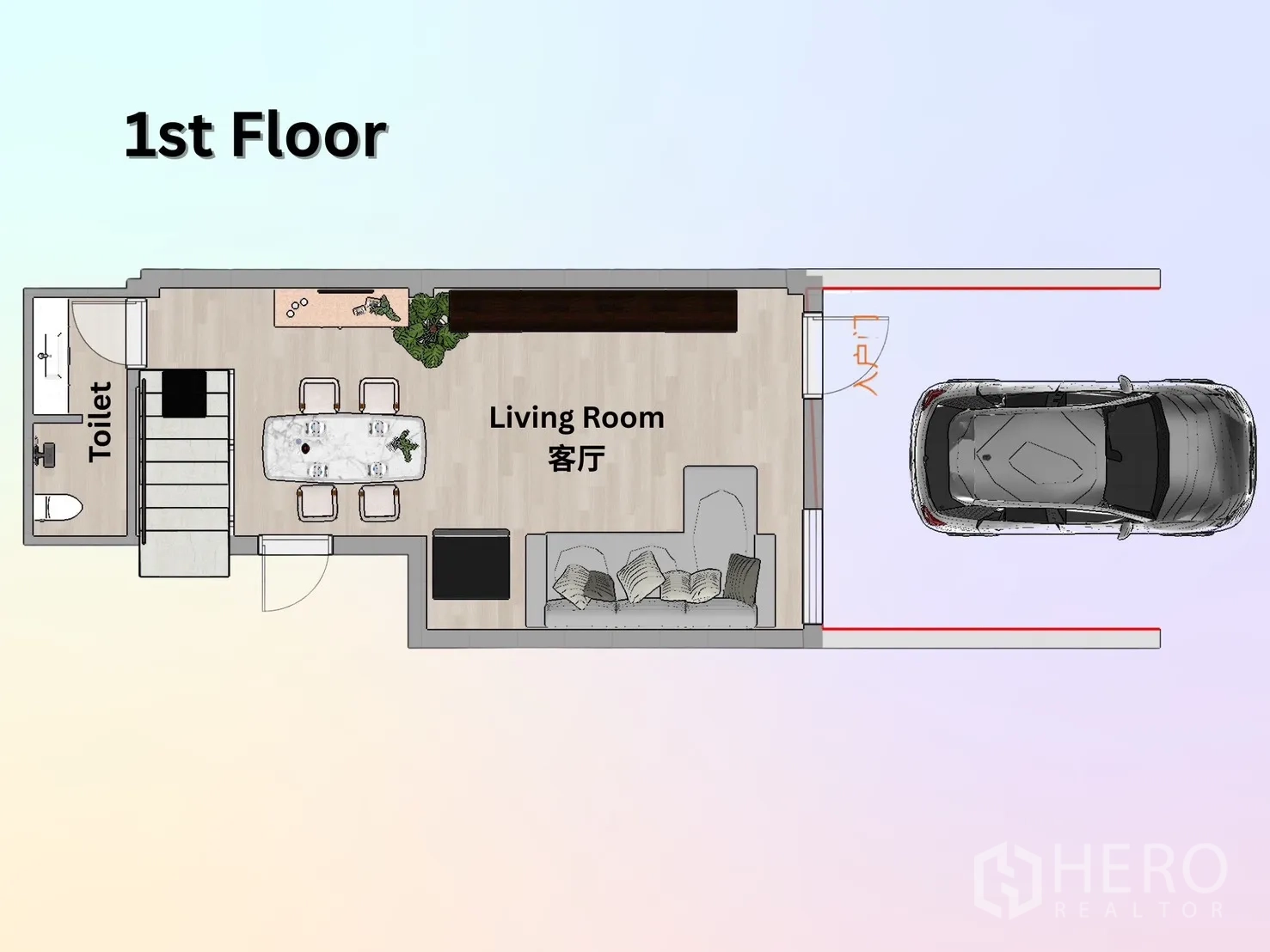 店屋 出租在Ratchathewi, Bangkok - 一楼平面图：客厅、餐区、卫生间与前方停车位。