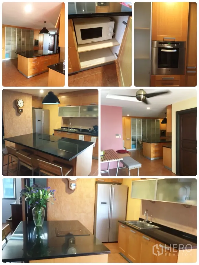 คอนโด ให้เช่าในWatthana, Bangkok - ครัวกว้างเคาน์เตอร์เกาะกลางท็อปหินแกรนิต ตู้ไม้ เตาอบบิวท์อิน ช่องไมโครเวฟ พื้นกระเบื้องและโคมแขวน