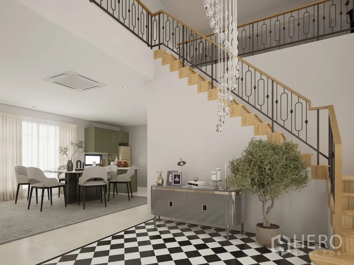 独立式住宅 出租在Bang Phli, Samut Prakan - 楼梯旁水晶吊灯与开放式餐区。