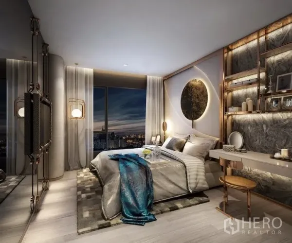 คอนโด ขายในRatchathewi, Bangkok - ห้องนอนหรูพร้อมหน้าต่างเต็มบาน วิวเมืองกลางคืน แสงไฟโทนอุ่น