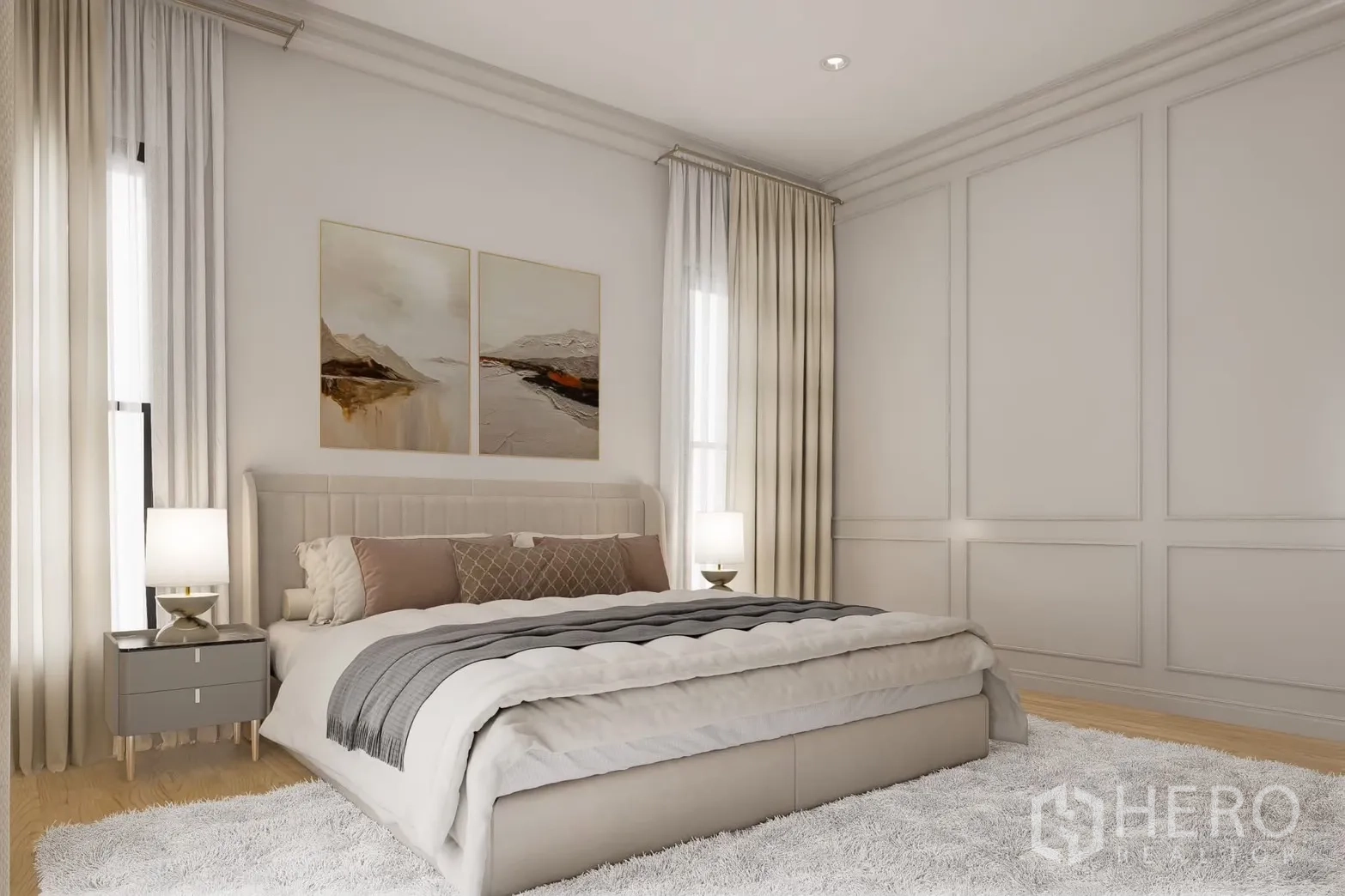 独立式住宅 出租在Bang Phli, Samut Prakan - 主卧配大床、墙面线条与温暖灯光。