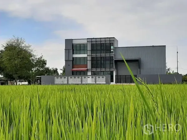 工厂 出租或出售在Lam Luk Ka, Pathum Thani - 现代灰色工厂外观，配玻璃办公区，前方为绿色田野景观。